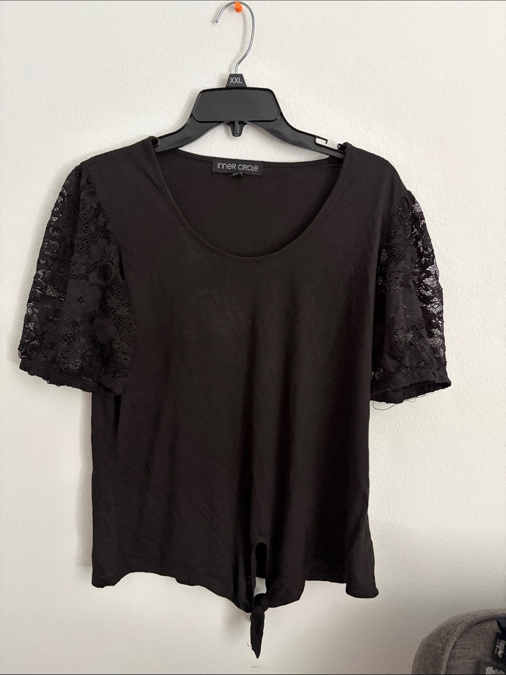 Black Lace-Sleeve Tie Front Tee